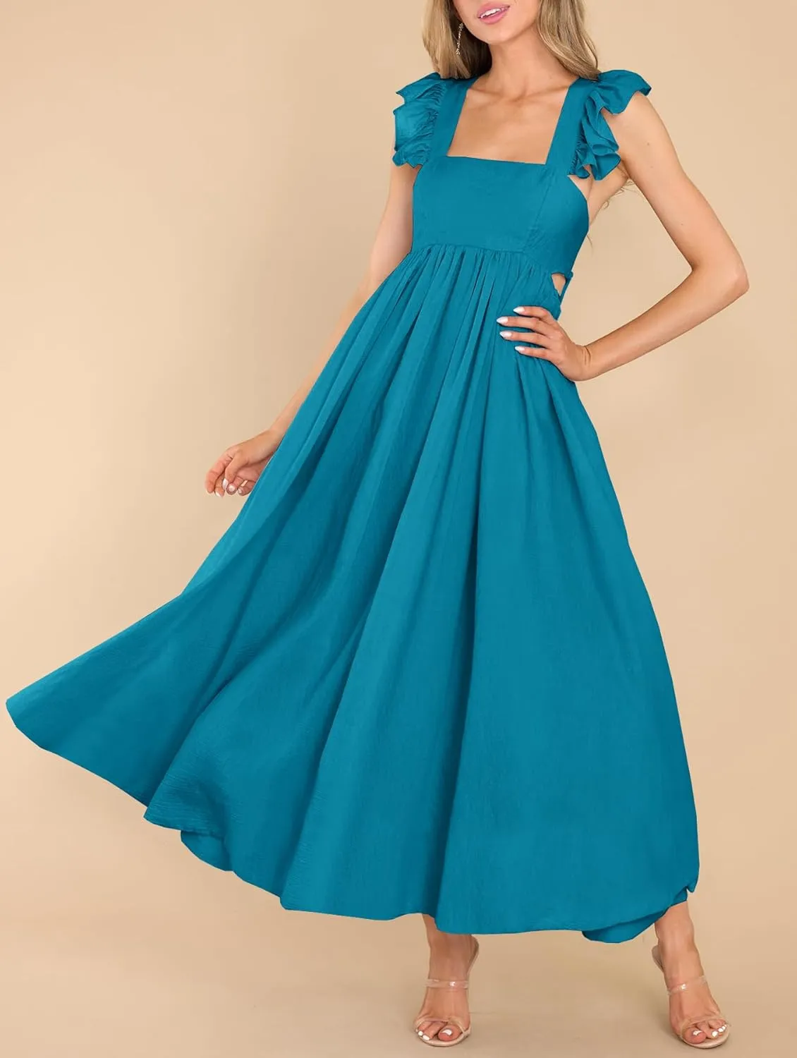 MITILLY Women's Summer Flutter Sleeve Square Neck Tie Back Casual Pleated A-Line Flowy Maxi Dress with Pockets
