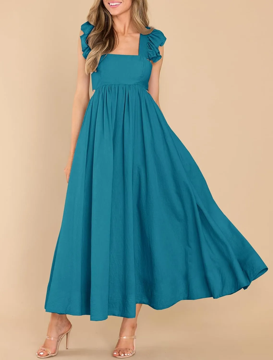 MITILLY Women's Summer Flutter Sleeve Square Neck Tie Back Casual Pleated A-Line Flowy Maxi Dress with Pockets