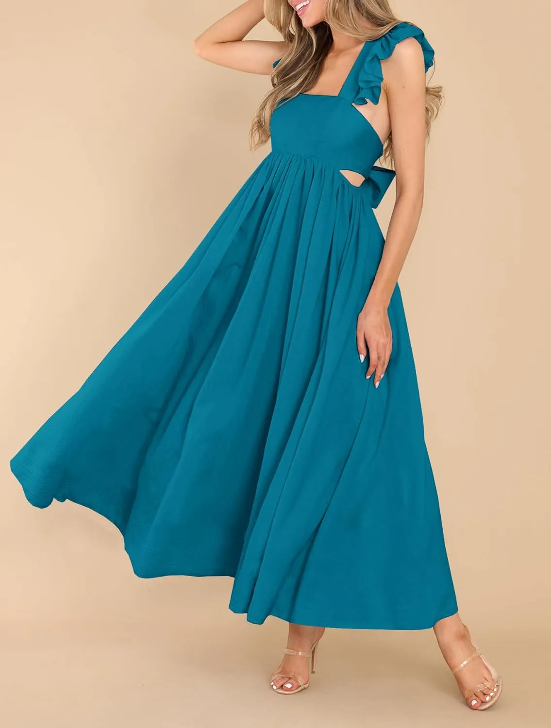 MITILLY Women's Summer Flutter Sleeve Square Neck Tie Back Casual Pleated A-Line Flowy Maxi Dress with Pockets
