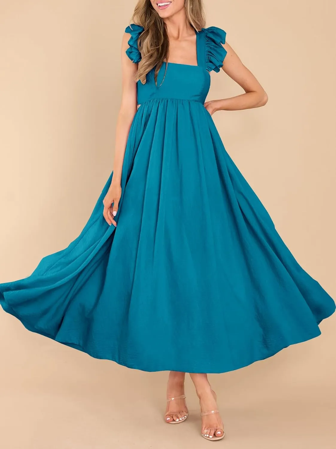 MITILLY Women's Summer Flutter Sleeve Square Neck Tie Back Casual Pleated A-Line Flowy Maxi Dress with Pockets