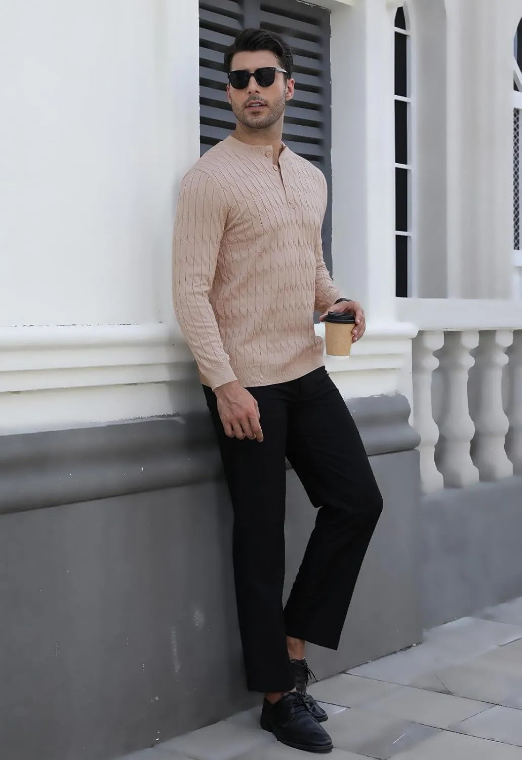 MLANM Men's Henley Knit Sweaters Long Sleeve Pullover Sweater Casual Fashion Thermal Sweaters