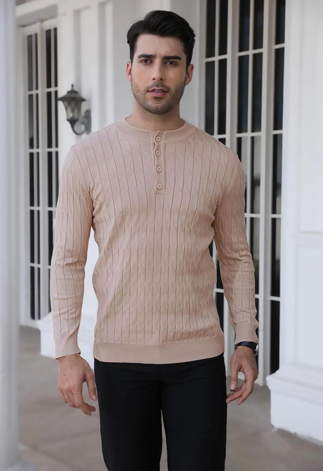 MLANM Men's Henley Knit Sweaters Long Sleeve Pullover Sweater Casual Fashion Thermal Sweaters