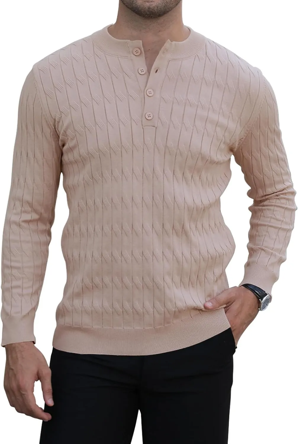 MLANM Men's Henley Knit Sweaters Long Sleeve Pullover Sweater Casual Fashion Thermal Sweaters