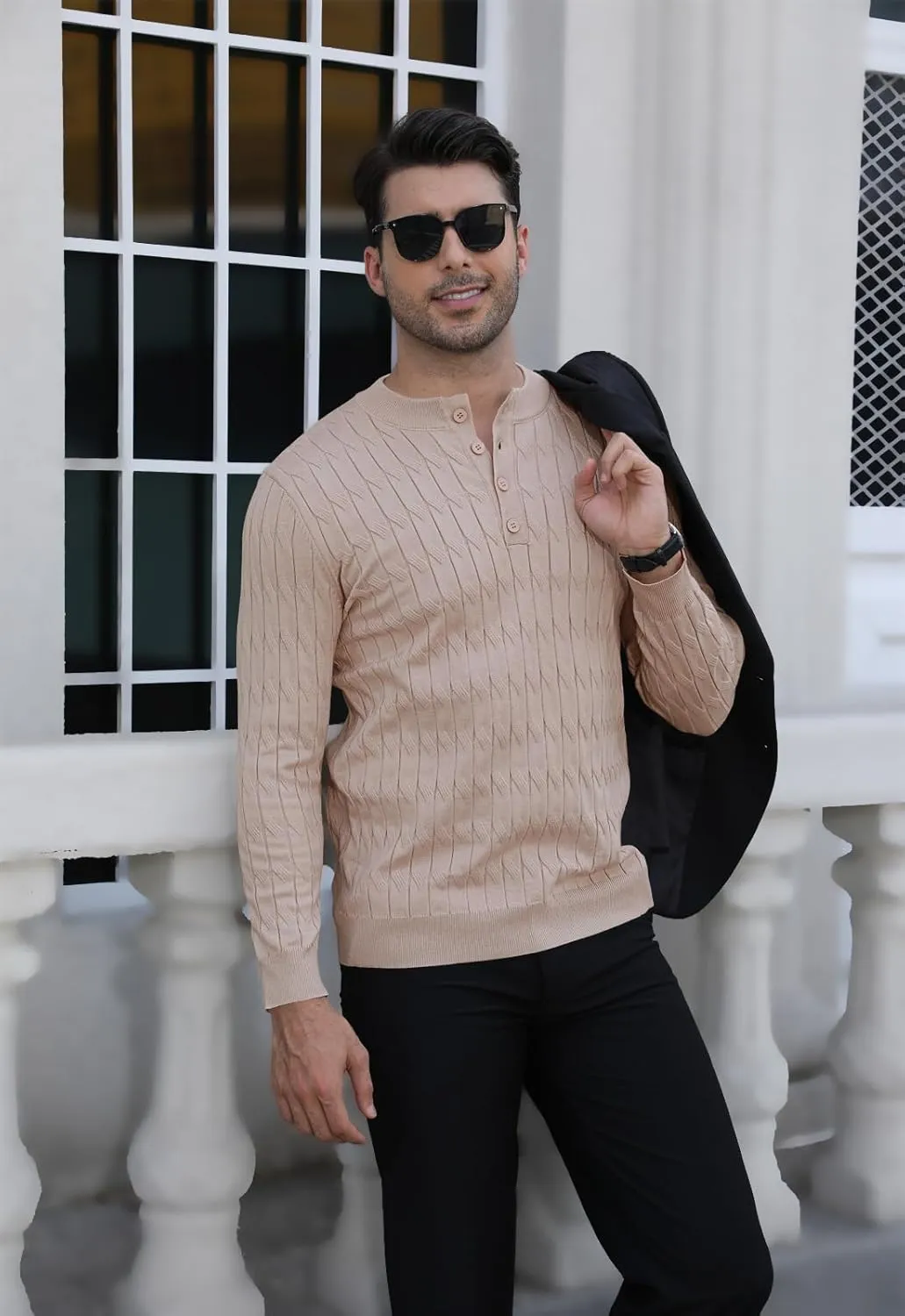 MLANM Men's Henley Knit Sweaters Long Sleeve Pullover Sweater Casual Fashion Thermal Sweaters