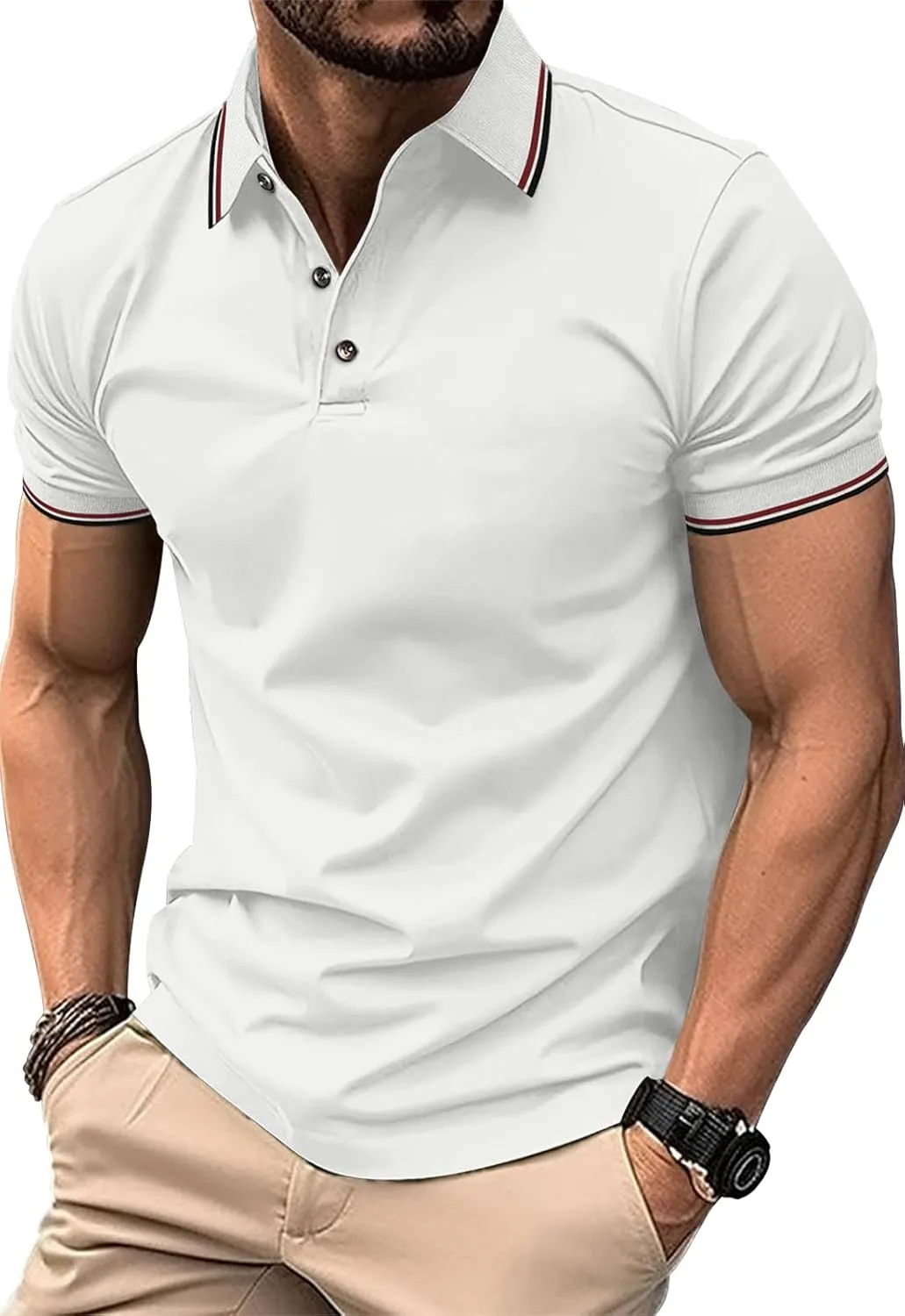 MLANM Men's Polo Regular-Fit Quick-Dry Golf Striped Short Sleeve Collared T-Shirts