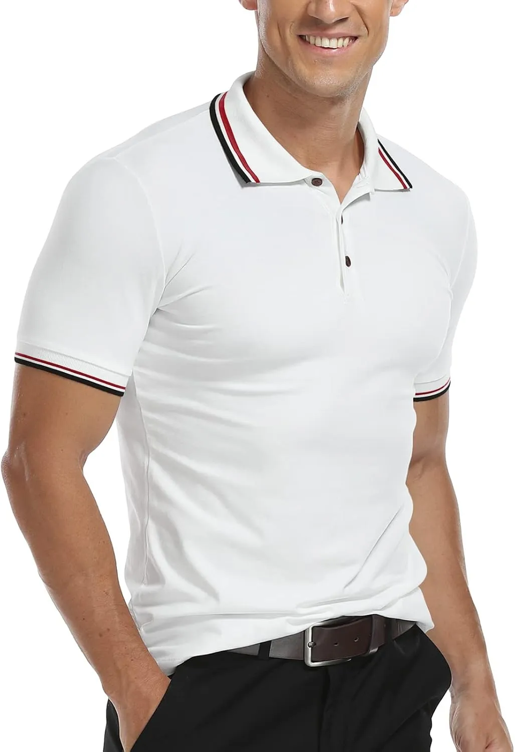 MLANM Men's Polo Regular-Fit Quick-Dry Golf Striped Short Sleeve Collared T-Shirts