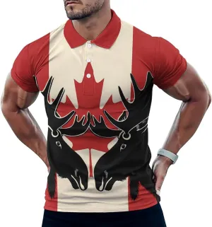 Moose Canda Flag Mens Polo Shirts Quick Dry Short Sleeve Golf Slim Fit T Shirt