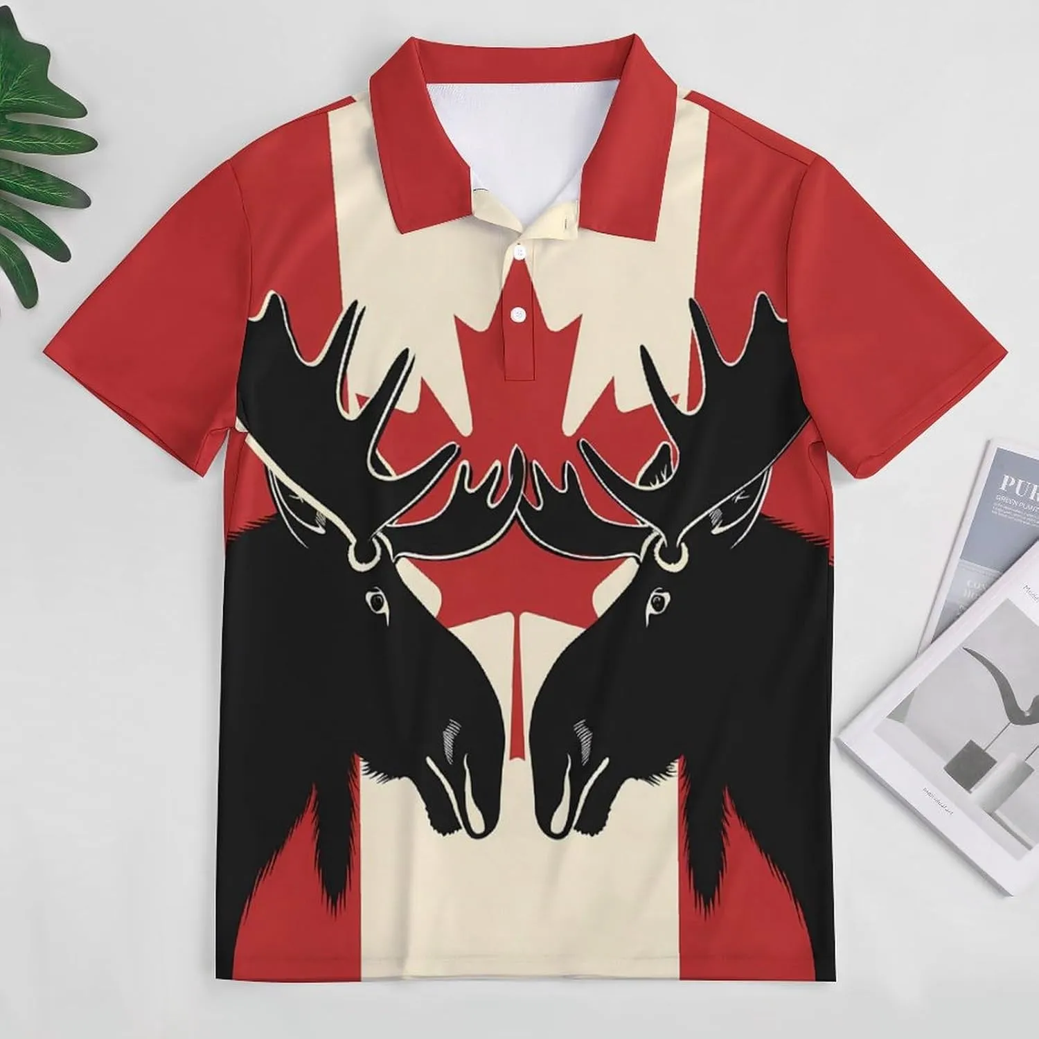 Moose Canda Flag Mens Polo Shirts Quick Dry Short Sleeve Golf Slim Fit T Shirt