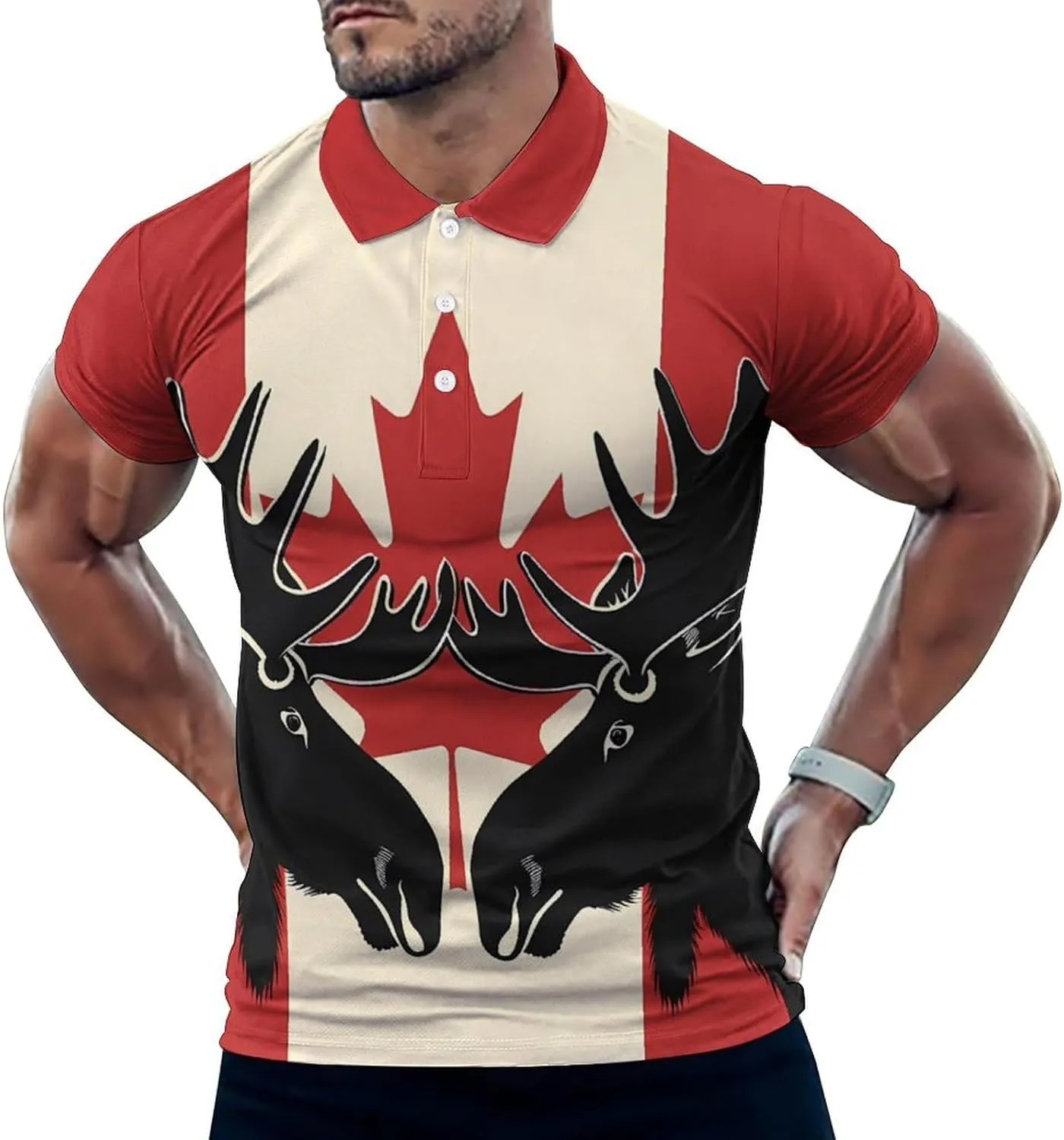 Moose Canda Flag Mens Polo Shirts Quick Dry Short Sleeve Golf Slim Fit T Shirt