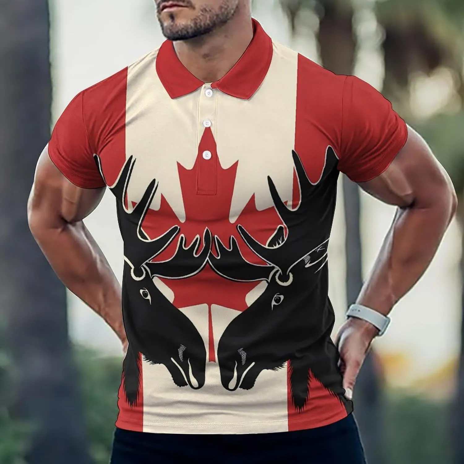 Moose Canda Flag Mens Polo Shirts Quick Dry Short Sleeve Golf Slim Fit T Shirt
