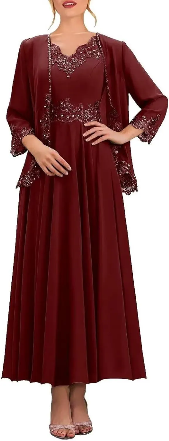 Mother of The Bride Dress with Jacket for Weddinng Women Ankle-Length Chiffon Lace Appliques Evening Party Gown