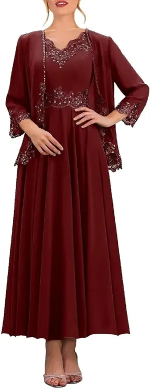 Mother of The Bride Dress with Jacket for Weddinng Women Ankle-Length Chiffon Lace Appliques Evening Party Gown