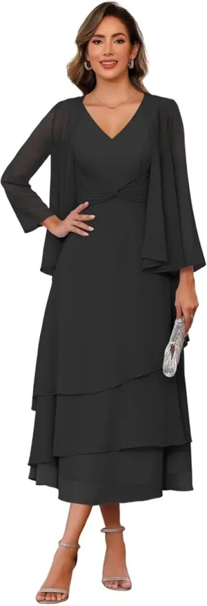 Mother of The Bride Dresses for Wedding Chiffon V Neck Long Sleeve Formal Evening Dress for Women