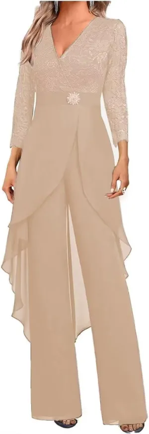 Mother of The Bride Pants Suits Dresses for Wedding Chiffon 2 Pcs Formal Pant Suits V-Neck Women's Jumpsuits