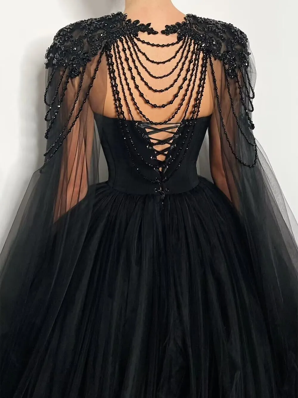 Mouccy Gorgeous Beaded Black Wedding Dresses with Cape Strapless Wedding Gowns for Bride Long Pearly Tulle Bridal Gowns