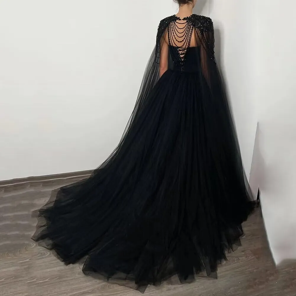 Mouccy Gorgeous Beaded Black Wedding Dresses with Cape Strapless Wedding Gowns for Bride Long Pearly Tulle Bridal Gowns