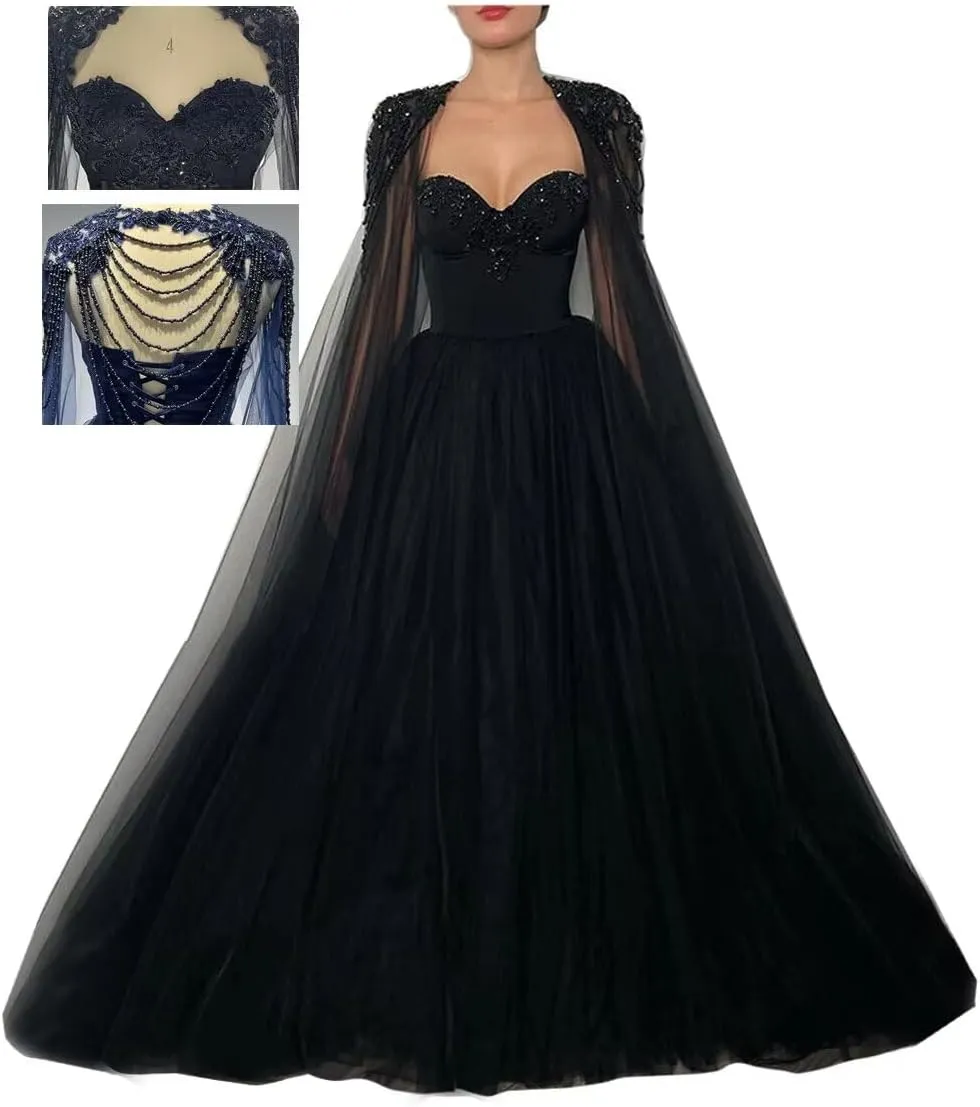 Mouccy Gorgeous Beaded Black Wedding Dresses with Cape Strapless Wedding Gowns for Bride Long Pearly Tulle Bridal Gowns