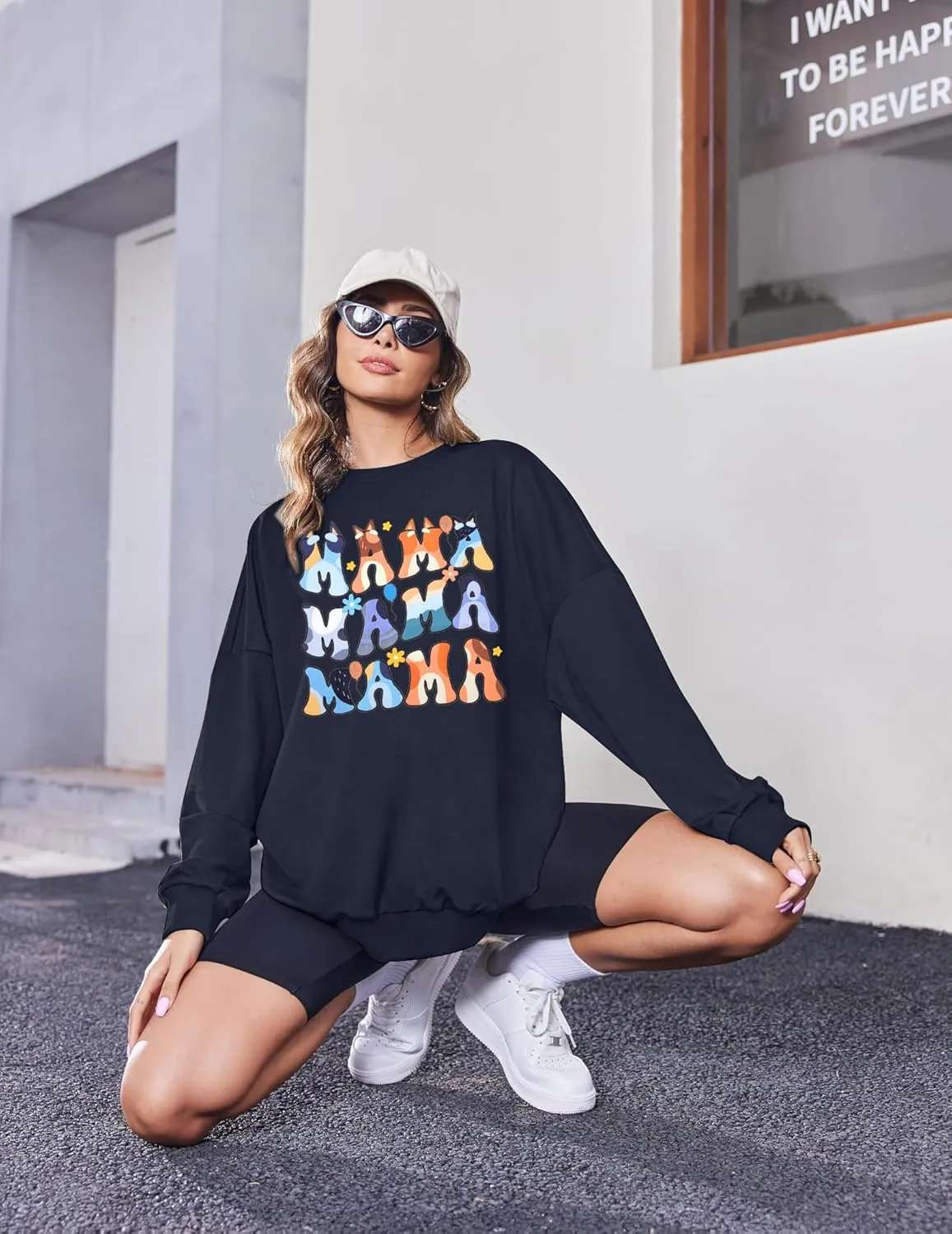 MOUSYA Oversized Mama Sweatshirt Woman Mama Letter Print Pullover Tops Trendy Shirt Casual Crewneck Loose Sweatshirts