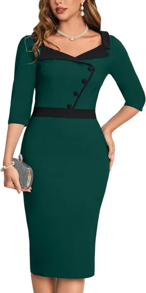 MUXXN Women's 1950s 3/4 Sleeve Pencil V Neck Midi Knee Length Bodycon Vintage Cocktail Dresses