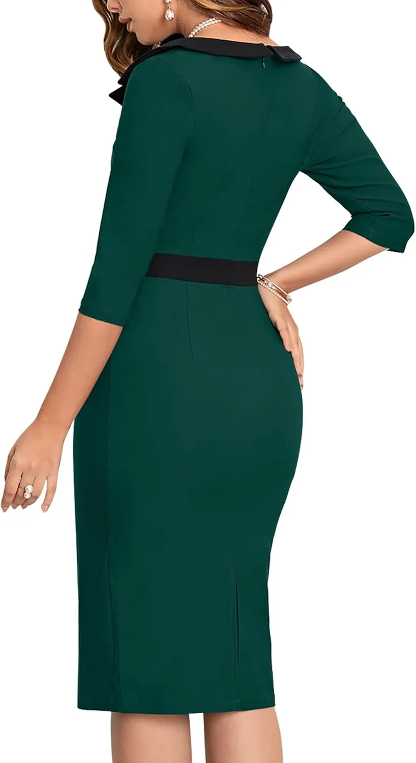 MUXXN Women's 1950s 3/4 Sleeve Pencil V Neck Midi Knee Length Bodycon Vintage Cocktail Dresses