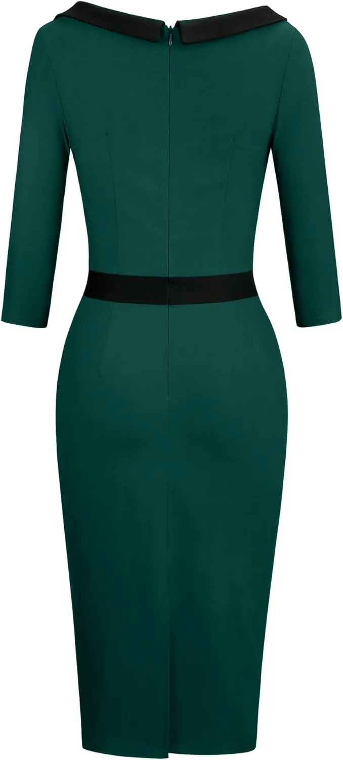 MUXXN Women's 1950s 3/4 Sleeve Pencil V Neck Midi Knee Length Bodycon Vintage Cocktail Dresses