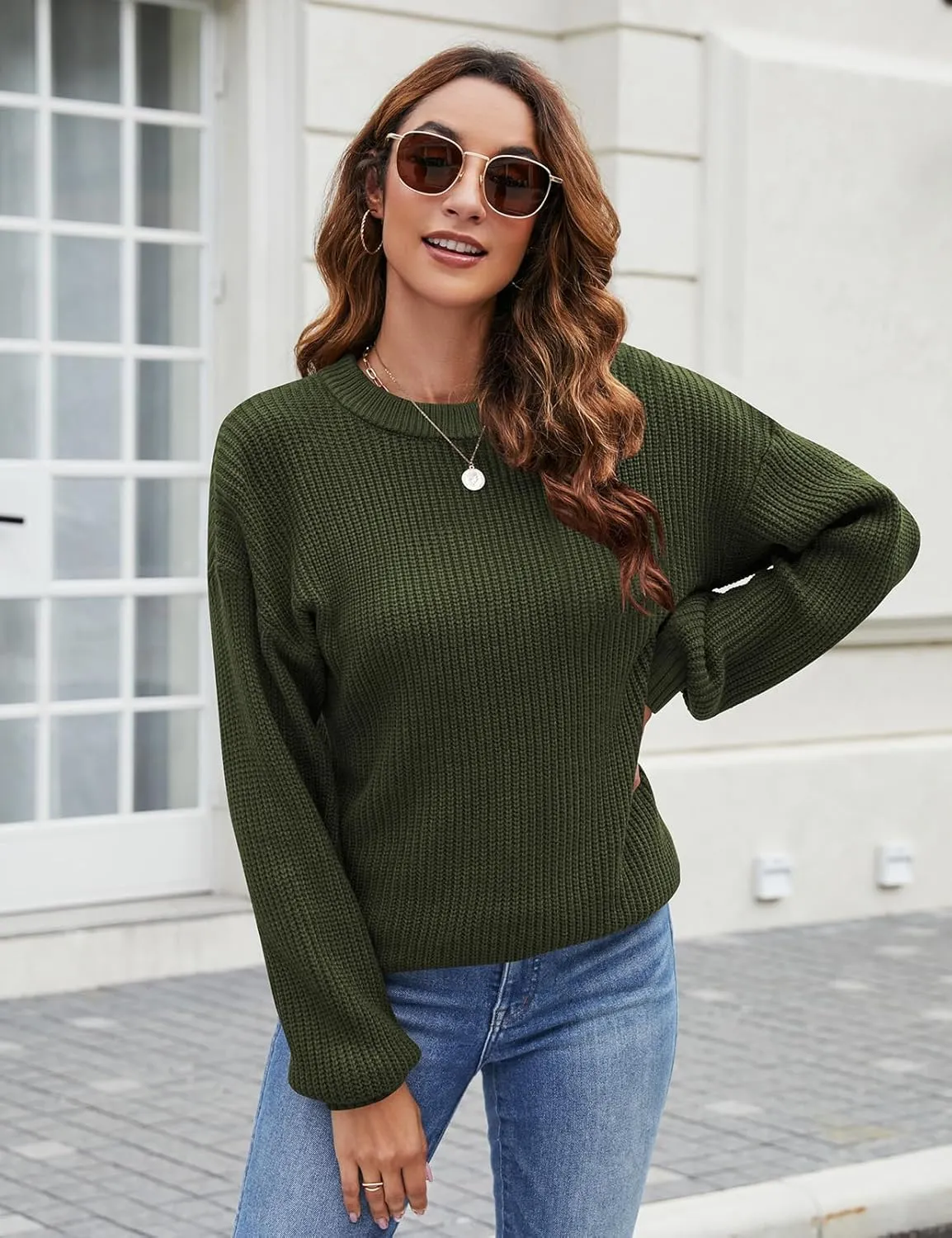 Naggoo Women's Long Sleeve Crew Neck Casual Chunky Knit Pullover Sweaters Tops