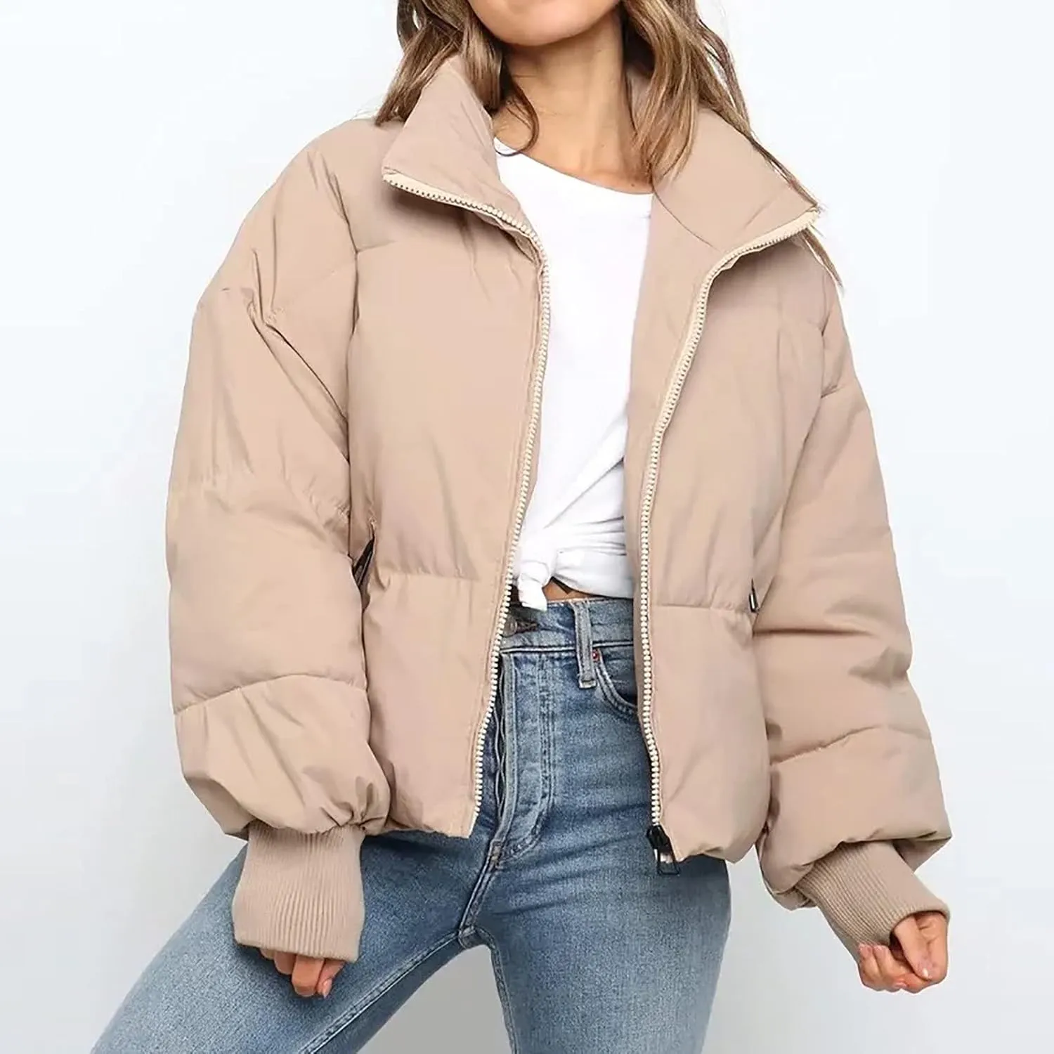 NaRHbrg Women Down Jacket, Women's Winter Warm Puffer Down Coats Stand Collar Long Sleeve Outerwear Jacket Padded Coat