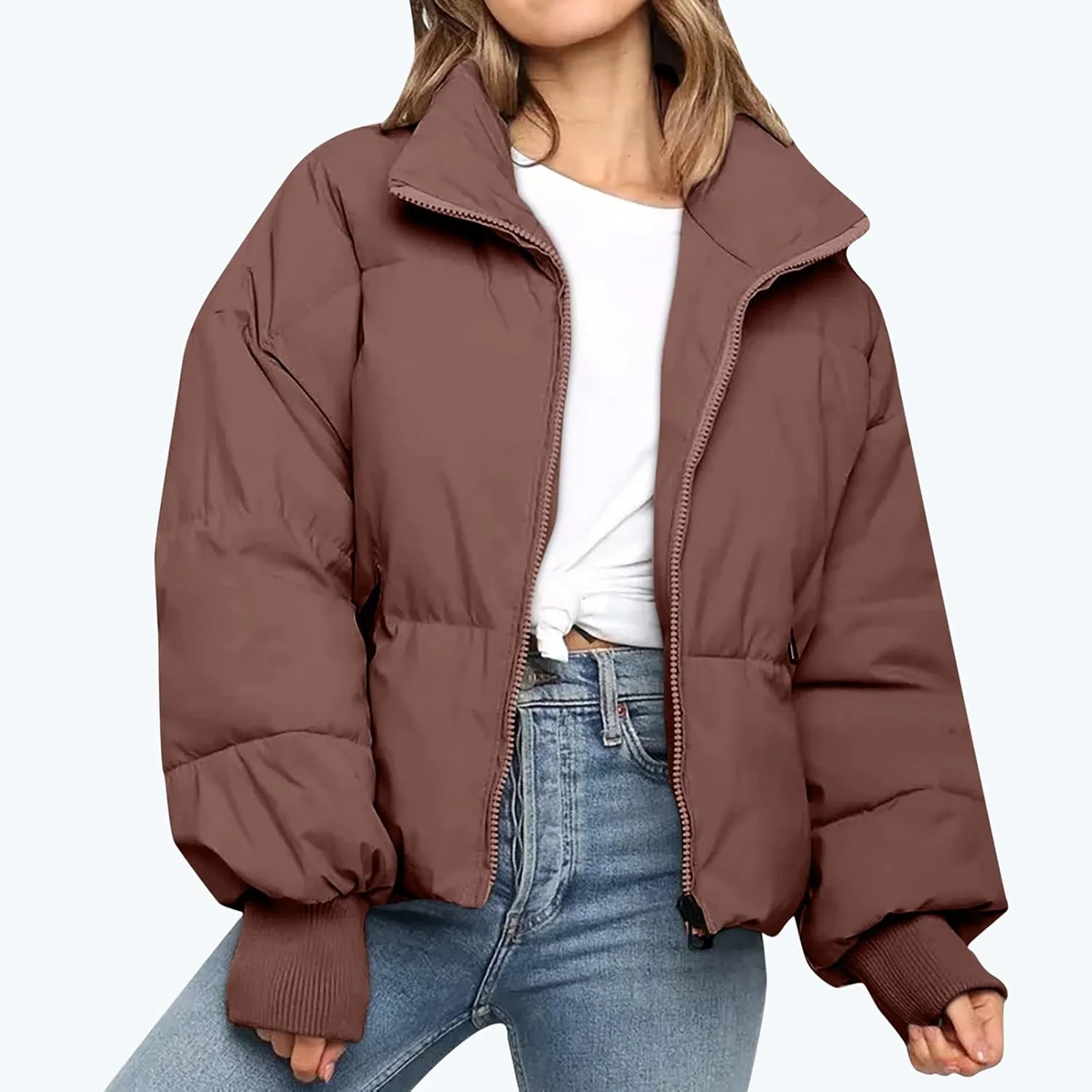 NaRHbrg Women Down Jacket, Women's Winter Warm Puffer Down Coats Stand Collar Long Sleeve Outerwear Jacket Padded Coat