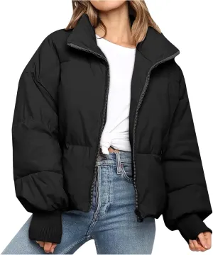 NaRHbrg Women Down Jacket, Women's Winter Warm Puffer Down Coats Stand Collar Long Sleeve Outerwear Jacket Padded Coat