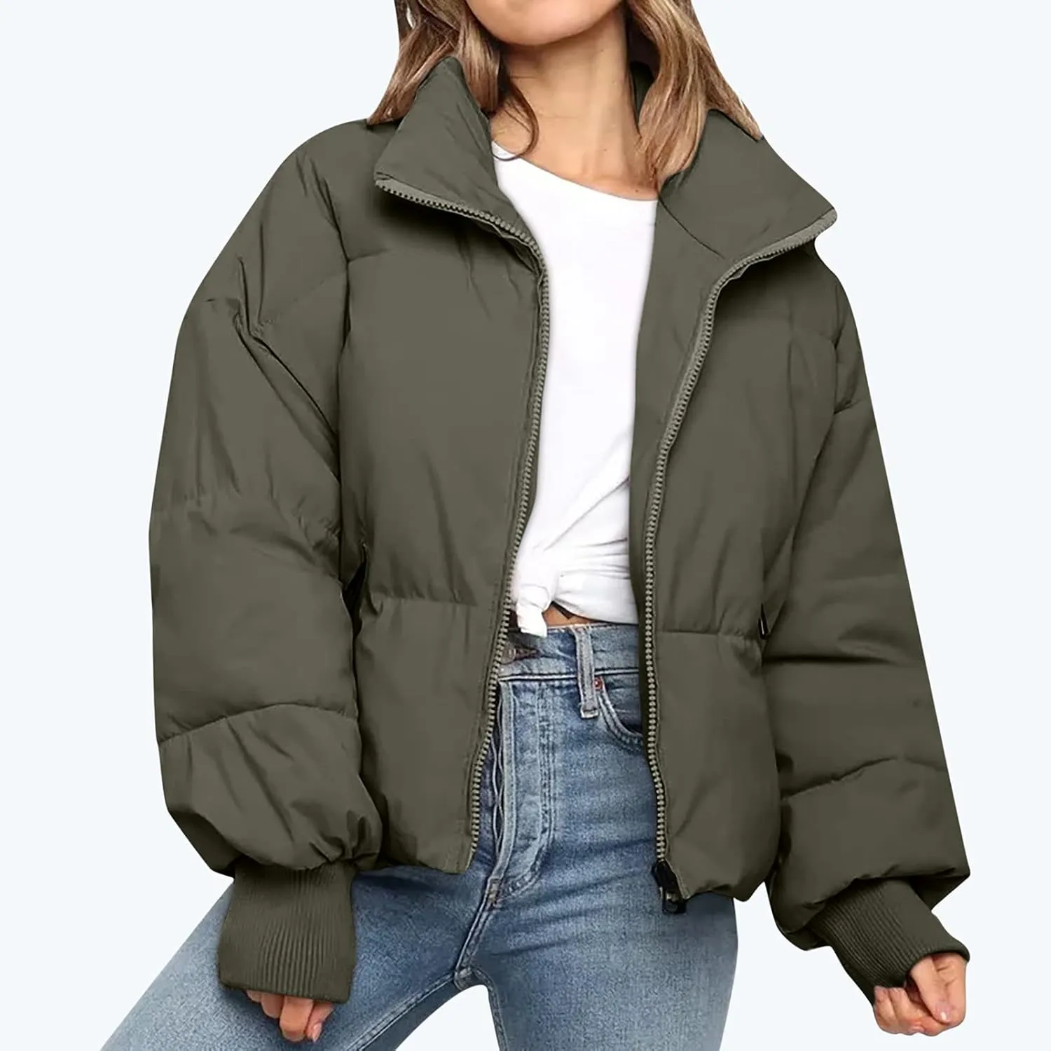 NaRHbrg Women Down Jacket, Women's Winter Warm Puffer Down Coats Stand Collar Long Sleeve Outerwear Jacket Padded Coat