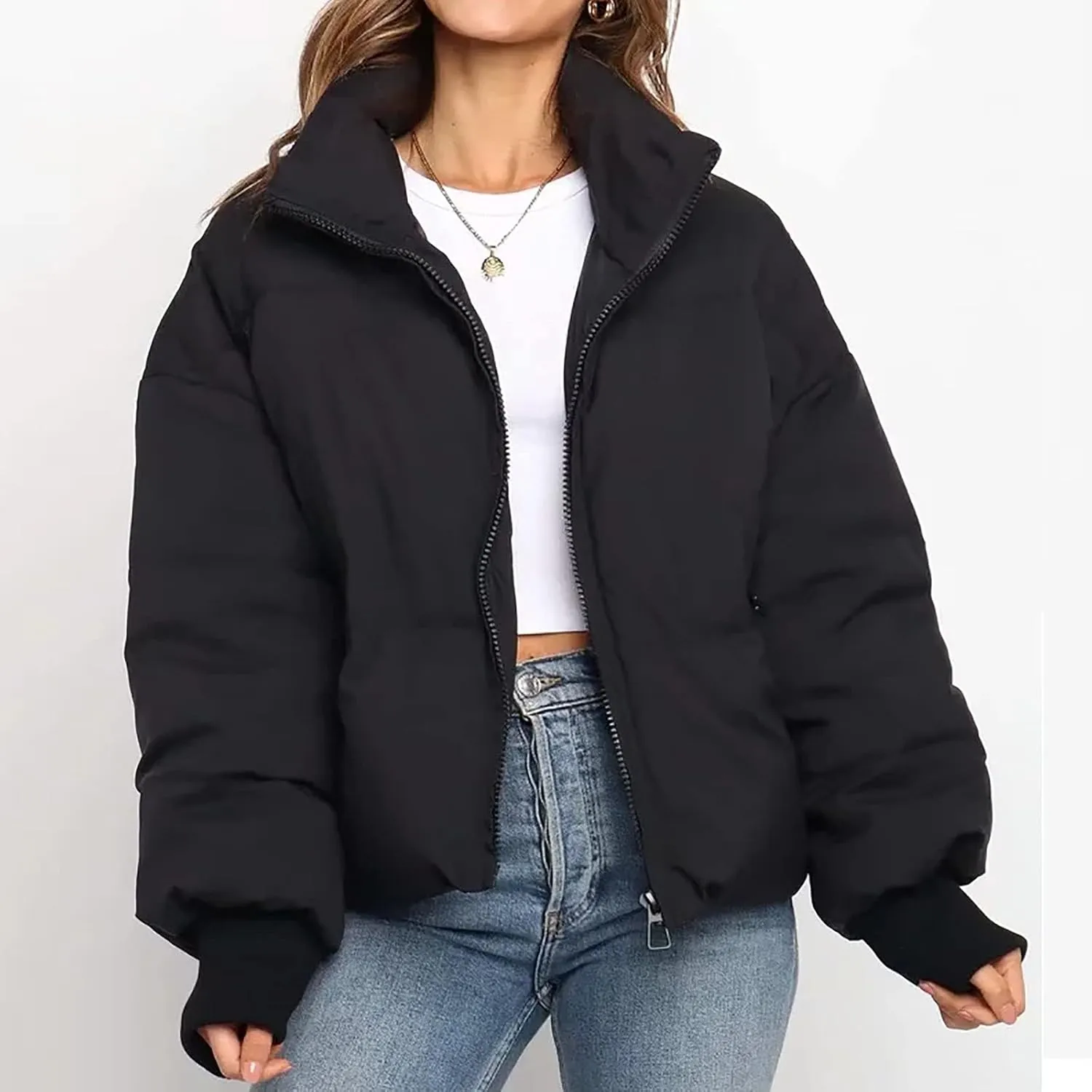 NaRHbrg Women Down Jacket, Women's Winter Warm Puffer Down Coats Stand Collar Long Sleeve Outerwear Jacket Padded Coat