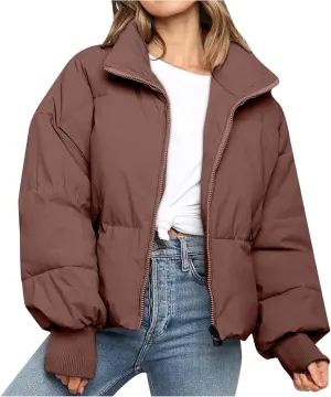 NaRHbrg Women Down Jacket, Women's Winter Warm Puffer Down Coats Stand Collar Long Sleeve Outerwear Jacket Padded Coat
