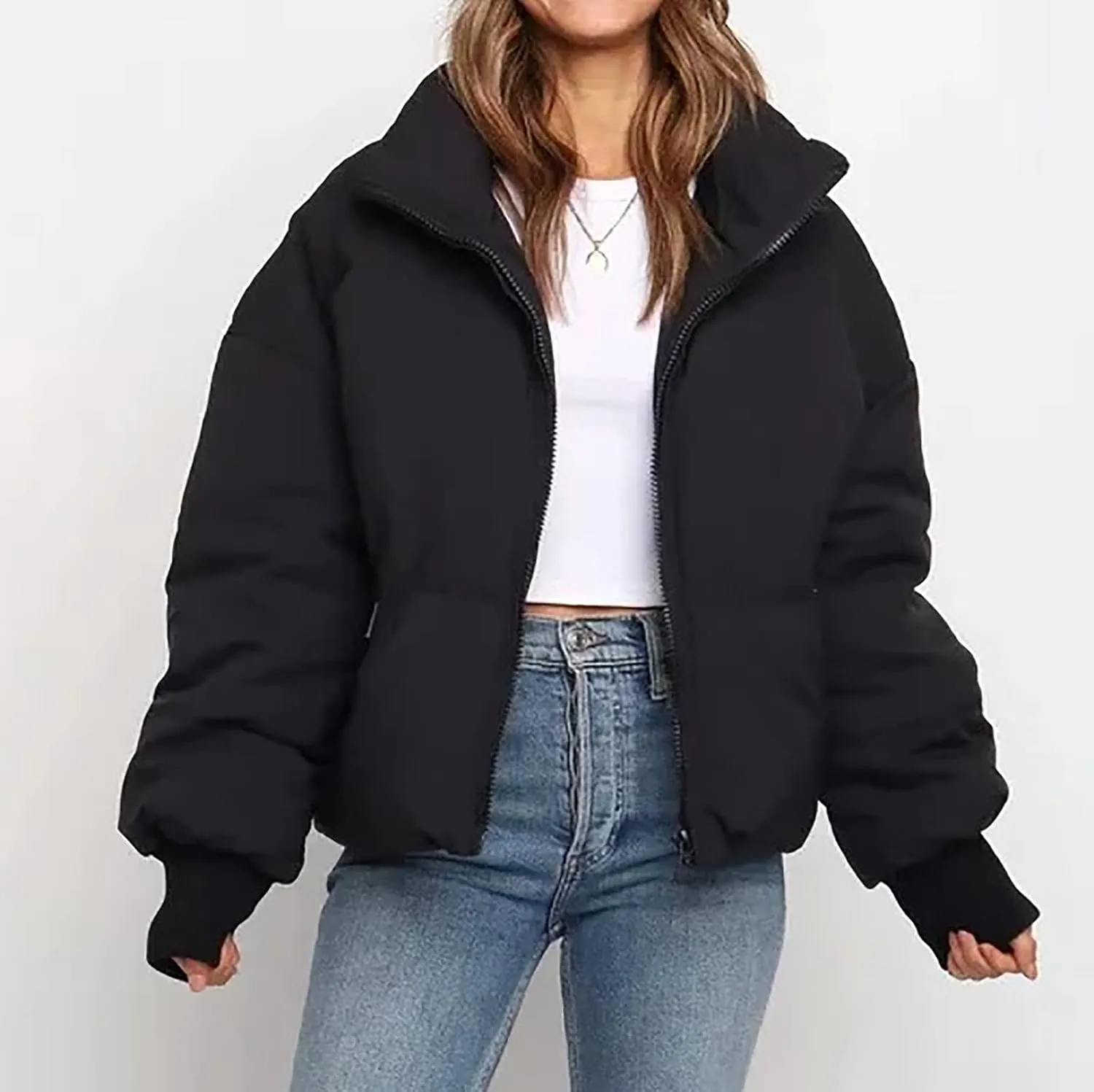 NaRHbrg Women Down Jacket, Women's Winter Warm Puffer Down Coats Stand Collar Long Sleeve Outerwear Jacket Padded Coat