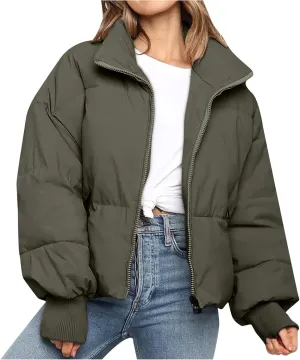 NaRHbrg Women Down Jacket, Women's Winter Warm Puffer Down Coats Stand Collar Long Sleeve Outerwear Jacket Padded Coat