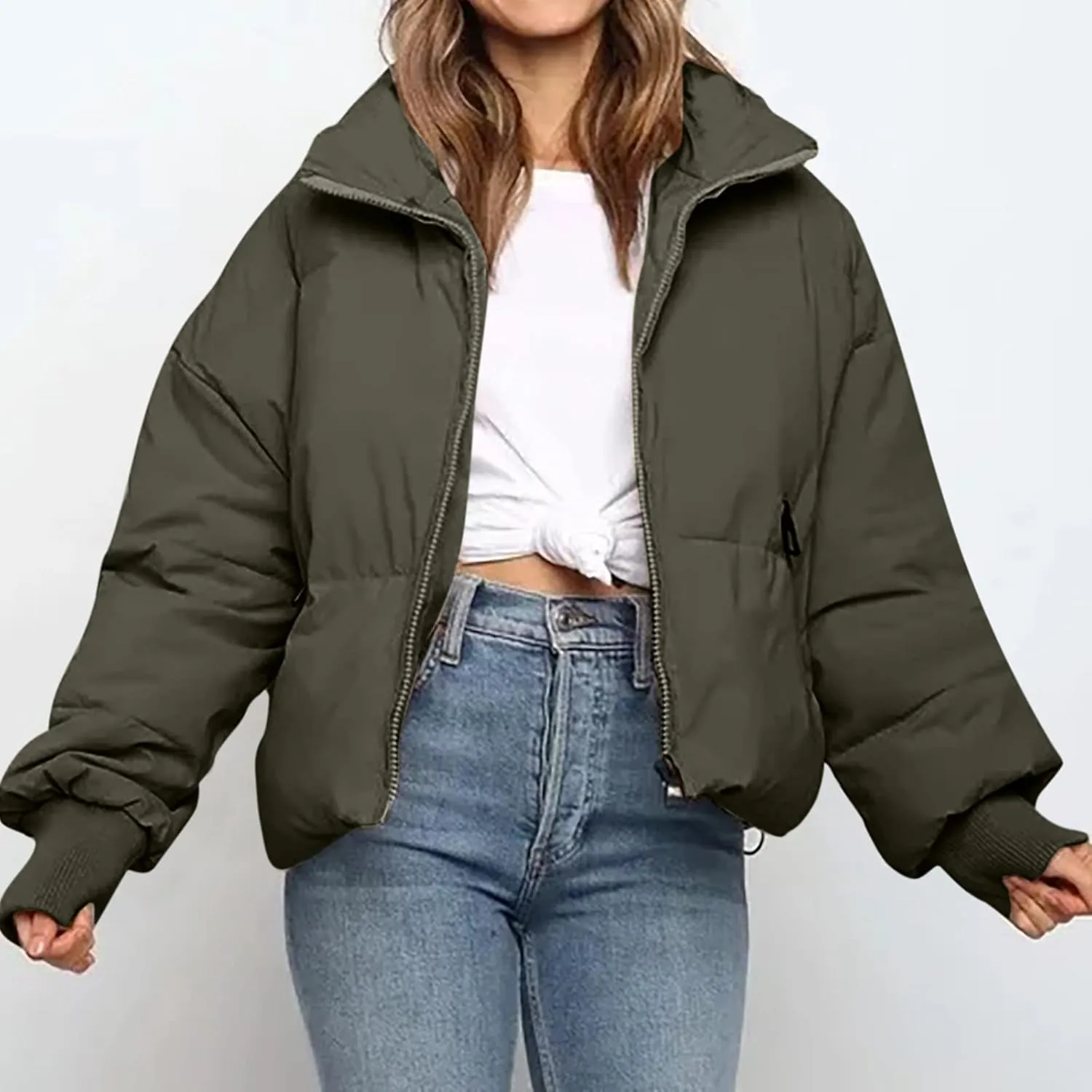 NaRHbrg Women Down Jacket, Women's Winter Warm Puffer Down Coats Stand Collar Long Sleeve Outerwear Jacket Padded Coat
