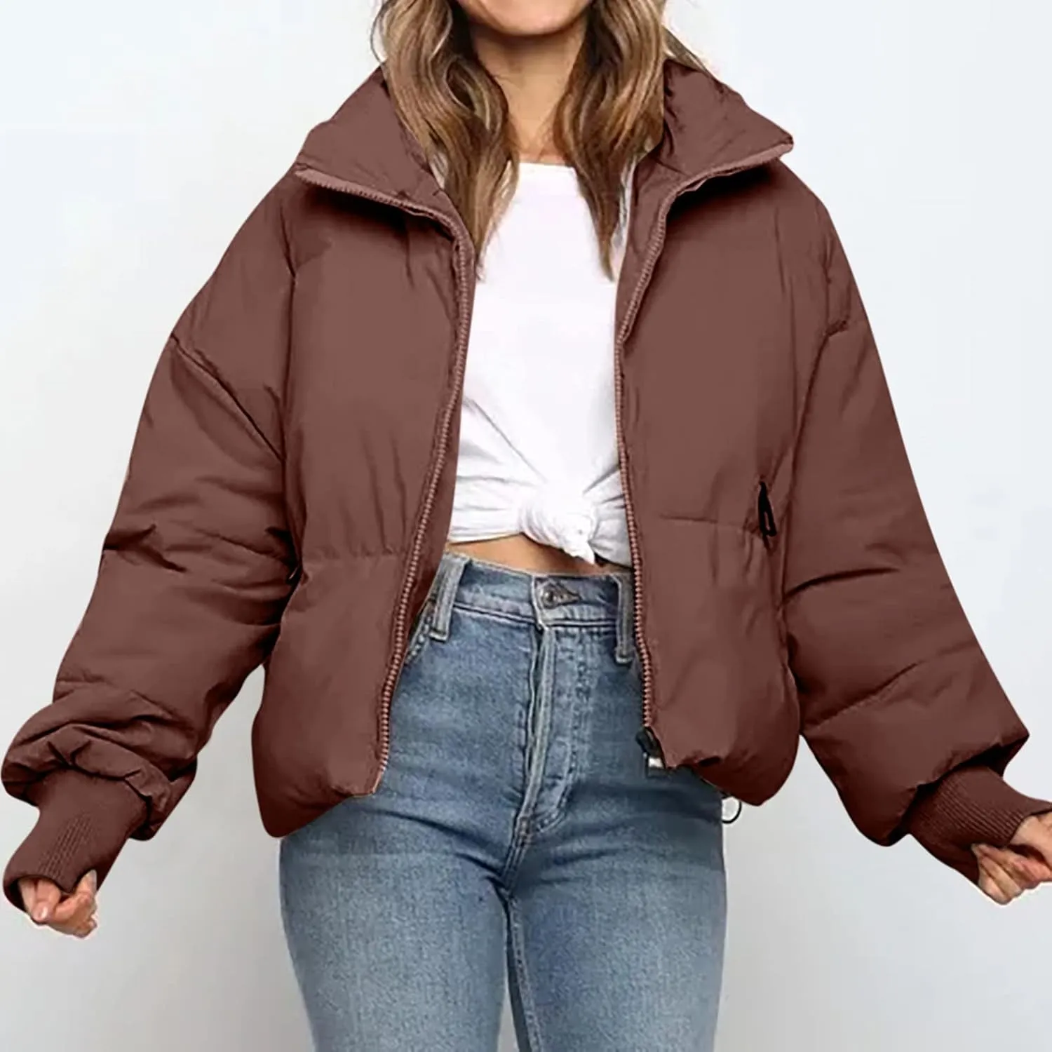 NaRHbrg Women Down Jacket, Women's Winter Warm Puffer Down Coats Stand Collar Long Sleeve Outerwear Jacket Padded Coat