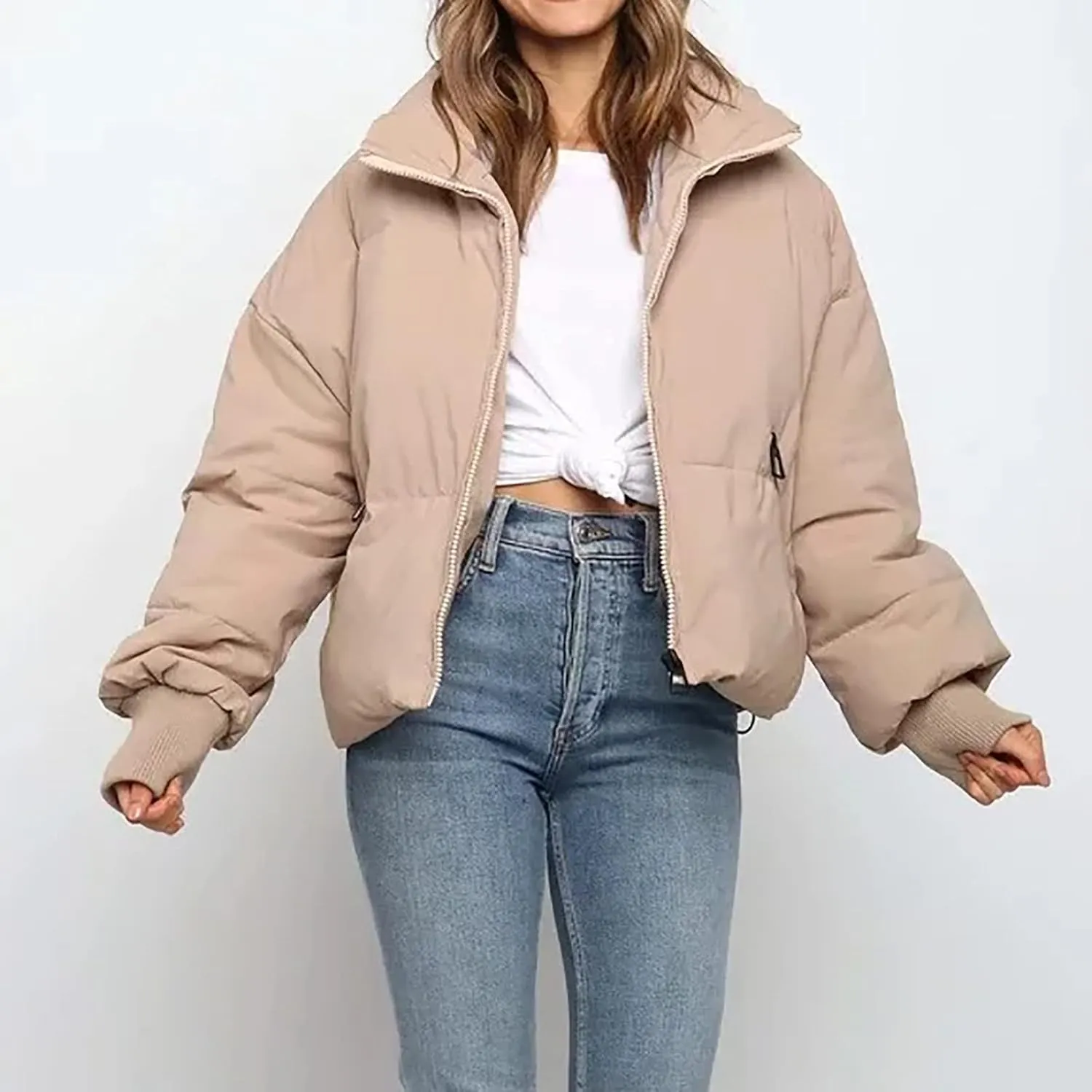 NaRHbrg Women Down Jacket, Women's Winter Warm Puffer Down Coats Stand Collar Long Sleeve Outerwear Jacket Padded Coat