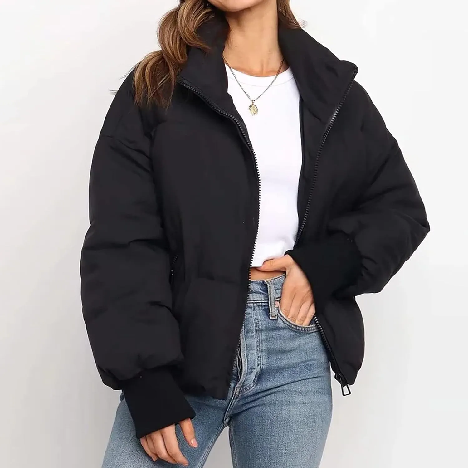 NaRHbrg Women Down Jacket, Women's Winter Warm Puffer Down Coats Stand Collar Long Sleeve Outerwear Jacket Padded Coat