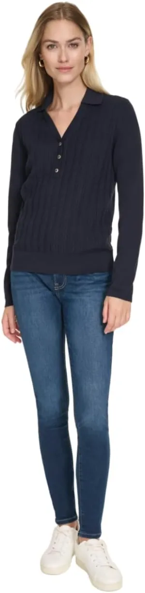 Nautica Women's V-Neck Cable Polo Long Sleeve