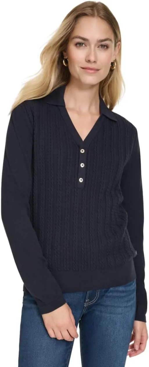 Nautica Women's V-Neck Cable Polo Long Sleeve