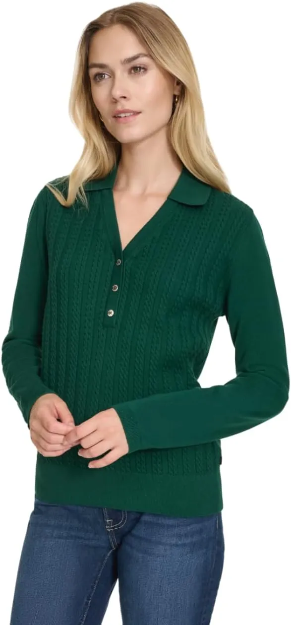 Nautica Women's V-Neck Cable Polo Long Sleeve