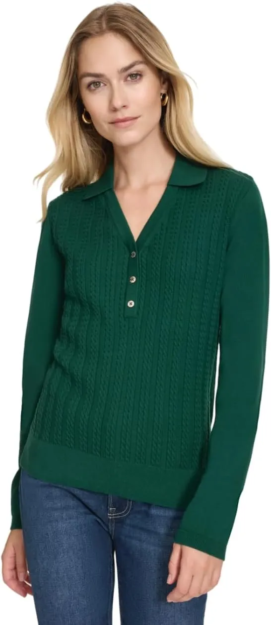 Nautica Women's V-Neck Cable Polo Long Sleeve