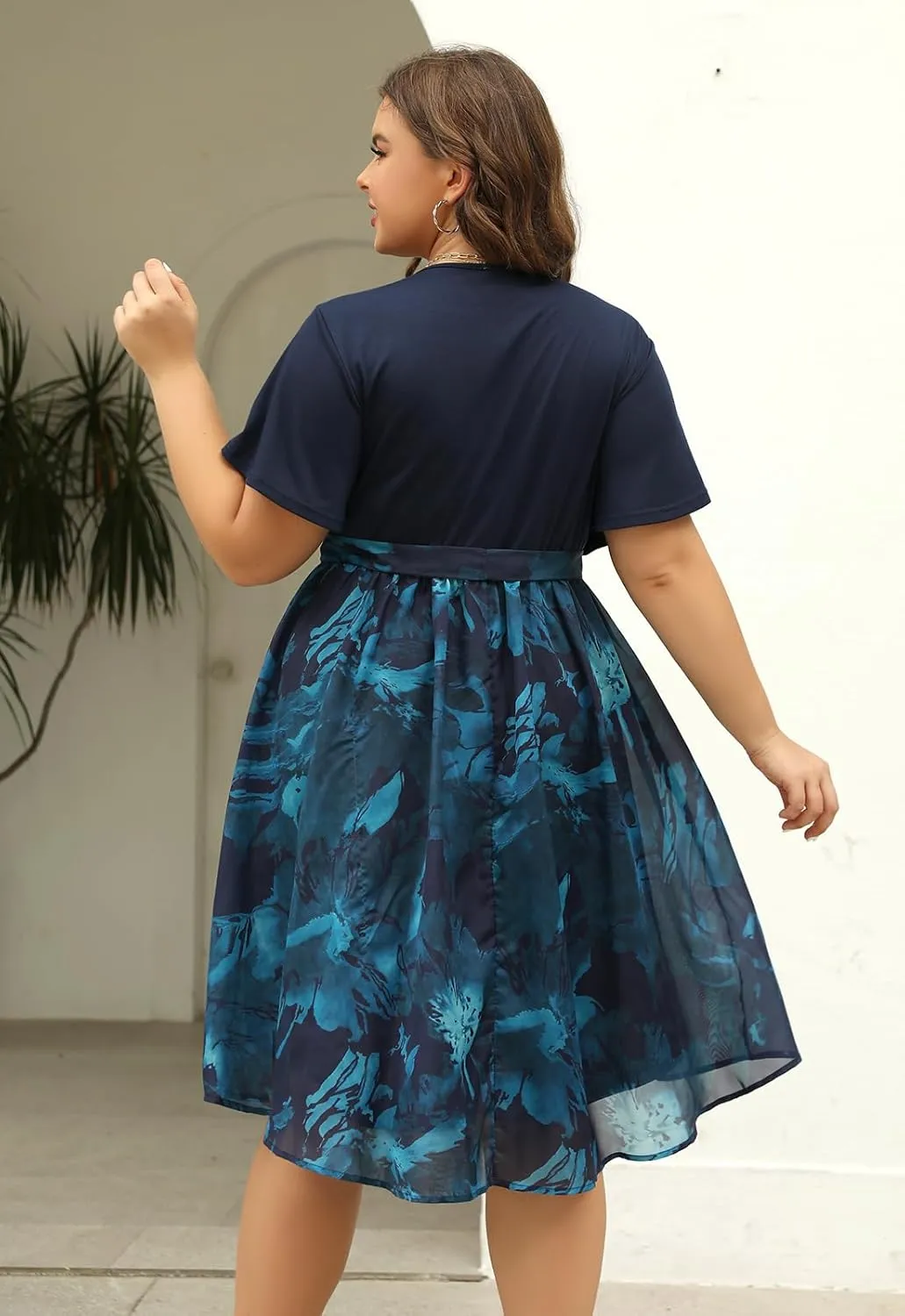 Nemidor Womens Casual Plus Size Ruffle Sleeve Boho Chiffon Print Belted Flowy Wrap Dress NEM529
