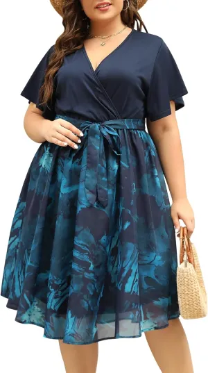 Nemidor Womens Casual Plus Size Ruffle Sleeve Boho Chiffon Print Belted Flowy Wrap Dress NEM529