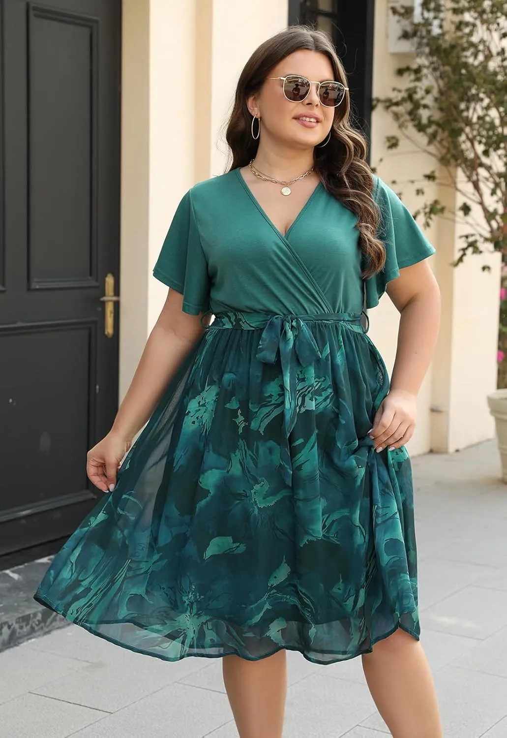 Nemidor Womens Casual Plus Size Ruffle Sleeve Boho Chiffon Print Belted Flowy Wrap Dress NEM529