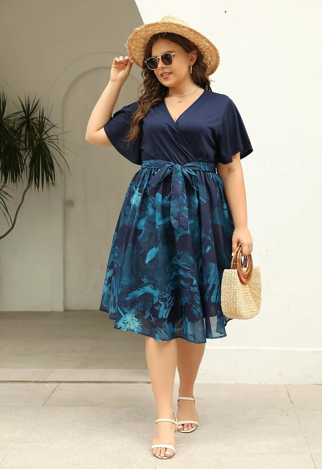 Nemidor Womens Casual Plus Size Ruffle Sleeve Boho Chiffon Print Belted Flowy Wrap Dress NEM529
