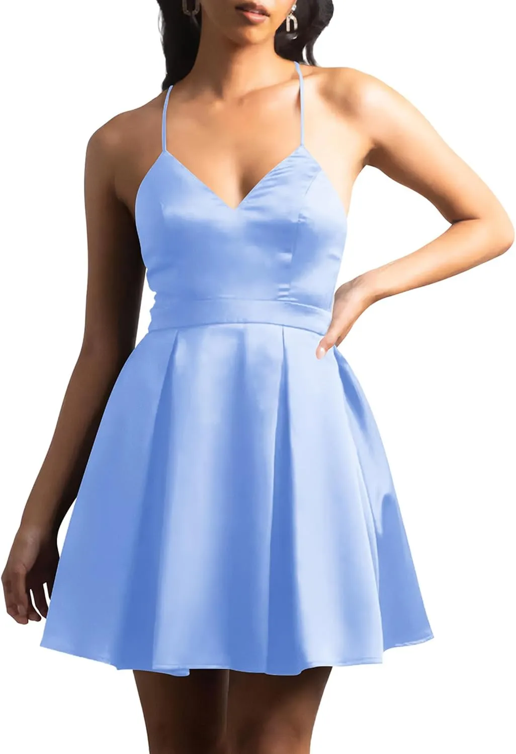 Nova In Sky Womens Sexy Deep V Neck Spaghetti Strap Sleeveless Tie Waist Ruffle Hem Flowy Swing Mini Short Wrap Dress