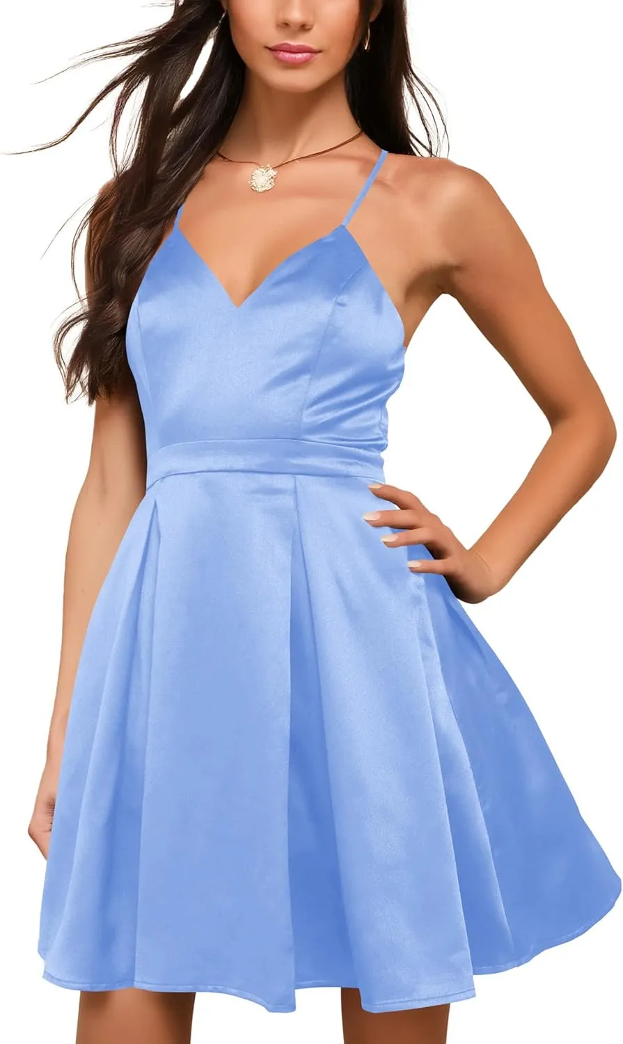 Nova In Sky Womens Sexy Deep V Neck Spaghetti Strap Sleeveless Tie Waist Ruffle Hem Flowy Swing Mini Short Wrap Dress
