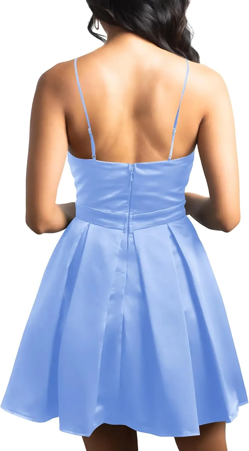 Nova In Sky Womens Sexy Deep V Neck Spaghetti Strap Sleeveless Tie Waist Ruffle Hem Flowy Swing Mini Short Wrap Dress