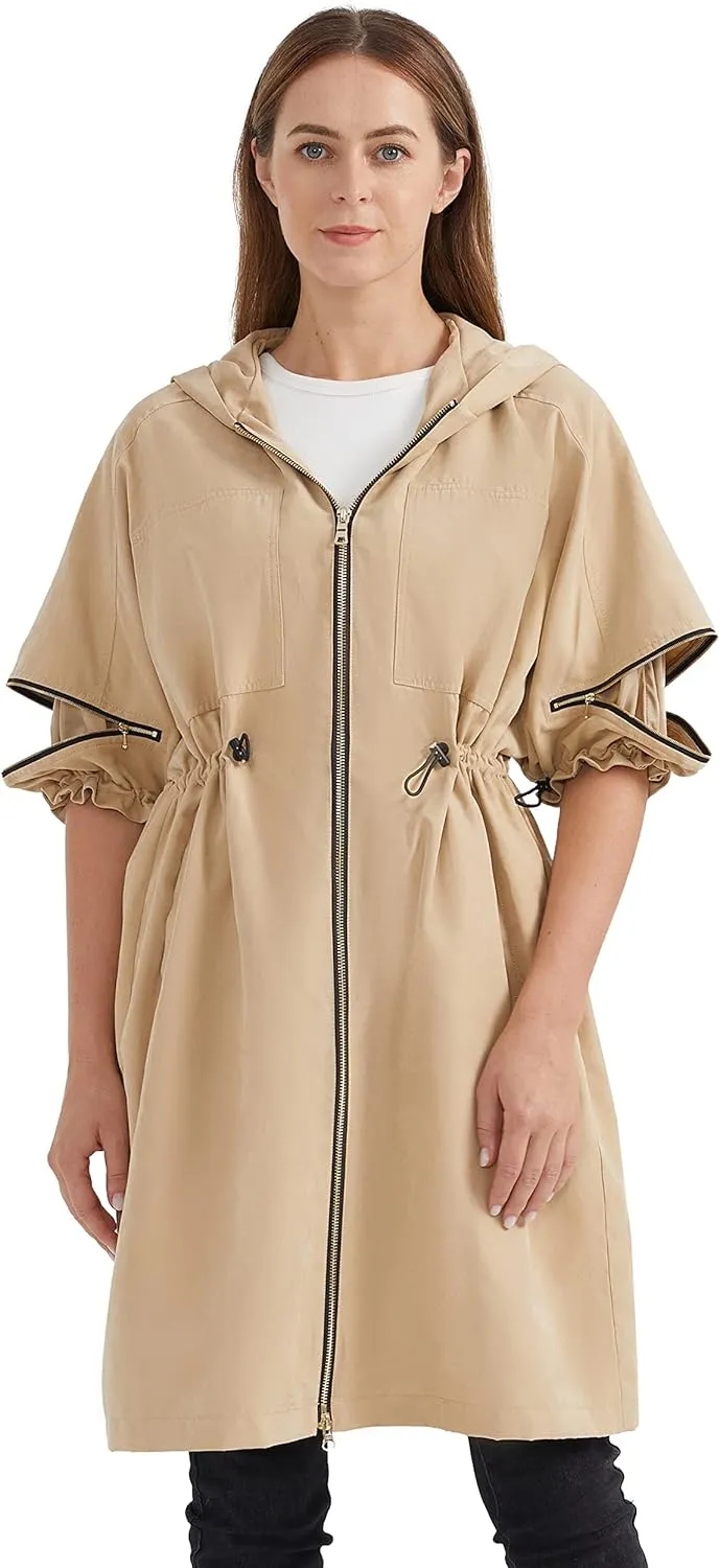 Orolay Women's Half Sleeve Trench Coat Mid-Length Hooded Coat Zipper Closure